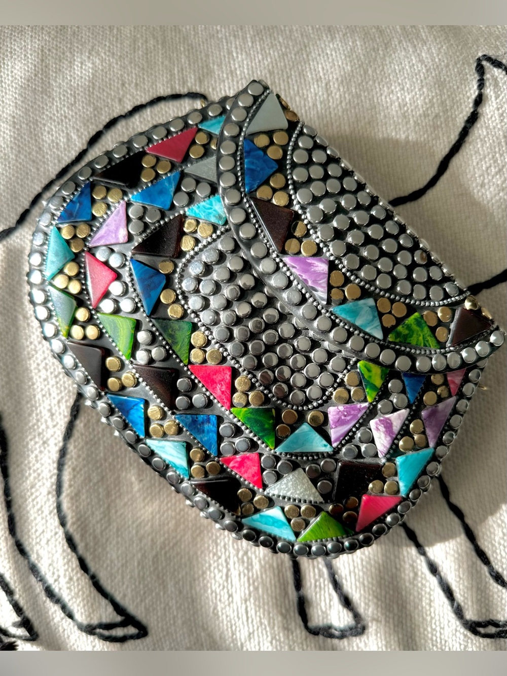 Handcrafted Multicolor Studded Metal and Mosaic Stone Crossbody Clutch Bag